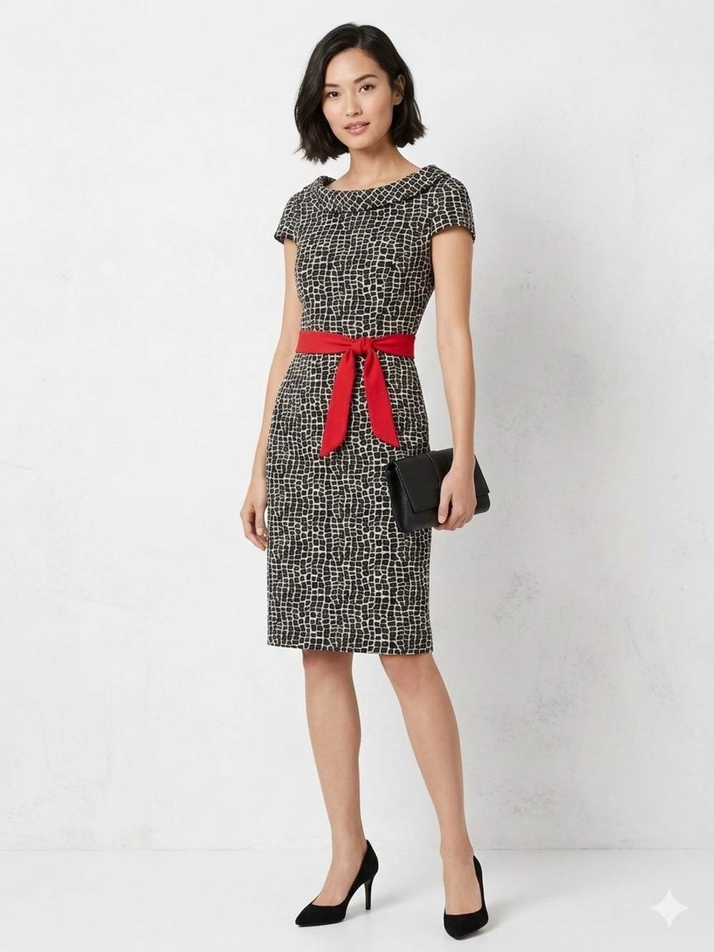madison leigh Black and White Patterned Midi Dress with Red Waist Tie